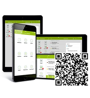 Abbildung zeigt Abfallkalender App mit Screens von einem Tablet und Smartphone und einem QR-Code für den Download der App.