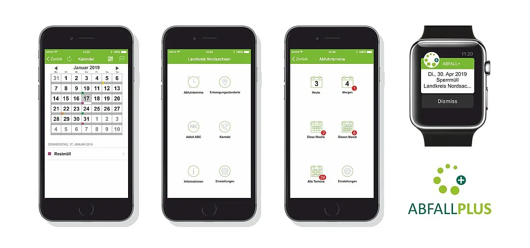 Abbildung zeigt Abfallkalender App mit Screens von einem Tablet und Smartphone.
