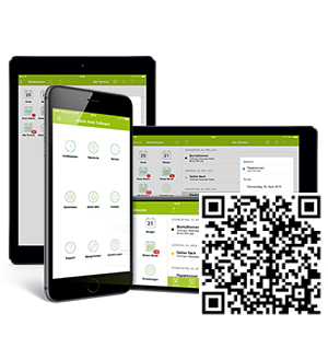 Abbildung zeigt Abfallkalender App mit Screens von einem Tablet und Smartphone und einem QR-Code für den Download der App.